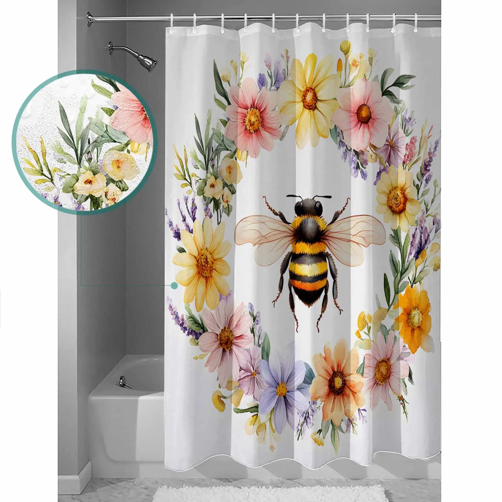 

Flower Garland Bee Shower Curtain High Quality Bathroom Waterproof Fabric Toilet Simple Style Decor