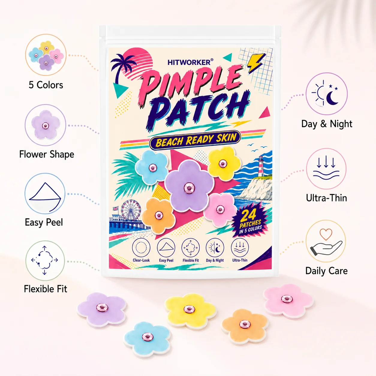50/150 pcs HITWORKER Flower Pimple Patch, Colorful Flower Shape Patches, 5 Colors, Ultra-Thin Clear-Look Daily Care Stickers view 3