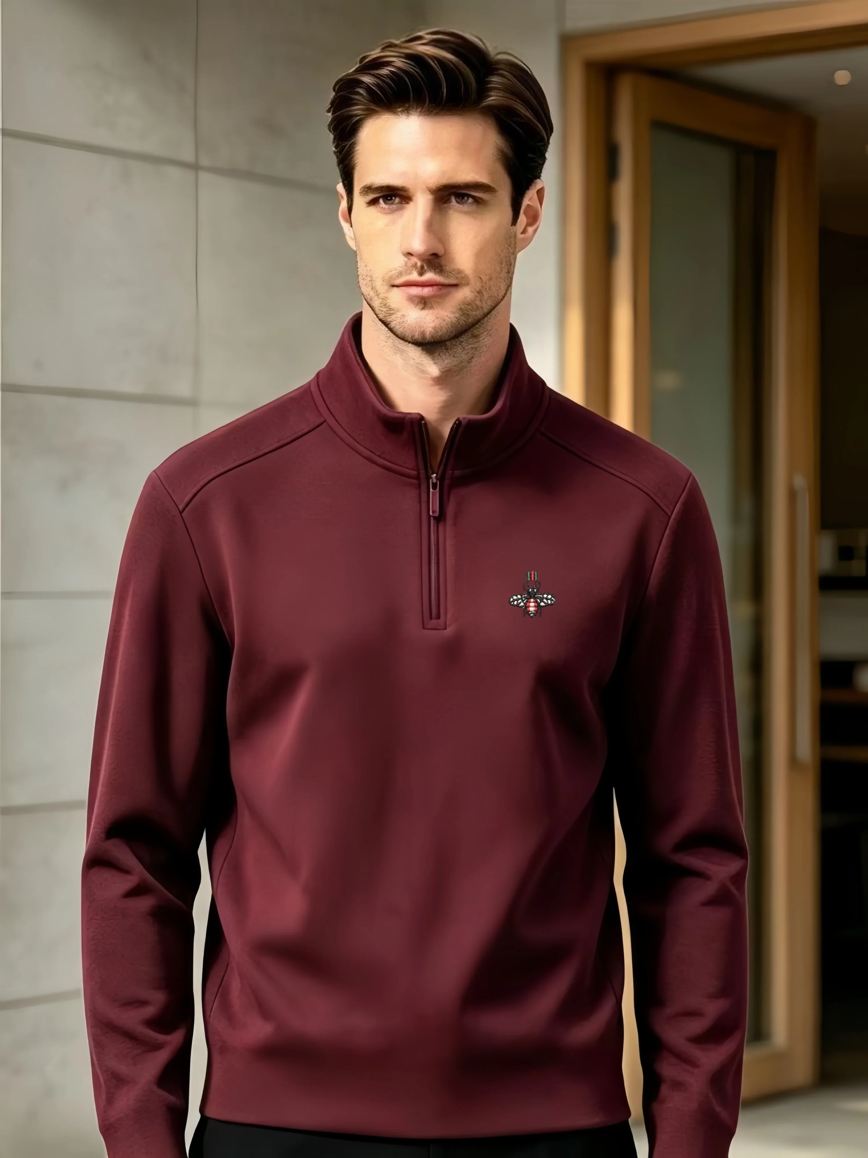 Autumn brand bee embroidered pullover sweater designer zipper semi stand collar warm double-sided velvet comfortable men T-shirt