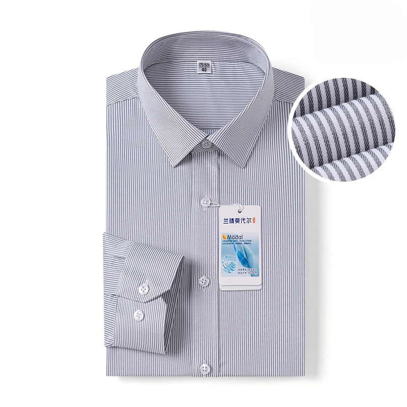 

5XL Solid Color Plaid Stripes Modal Work White Shirt Men's Long Sleeve Easy Care Anti-wrinkle Soft Cozy Office Casual Men Shirt