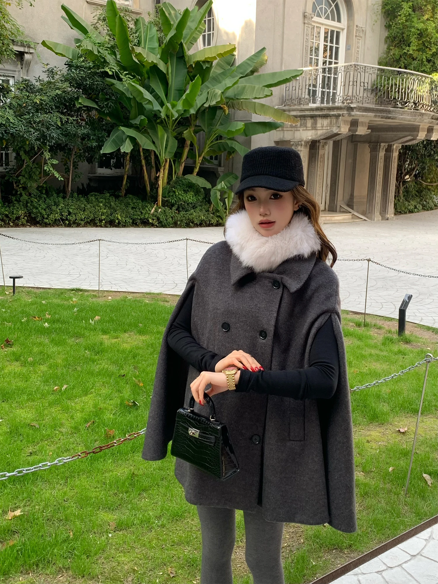 

Agu Original Design 2025 Winter New Sle Hot Girl ey Floral Cloak Coat Thiened Woolen Outerwear for Young Women Casual S...