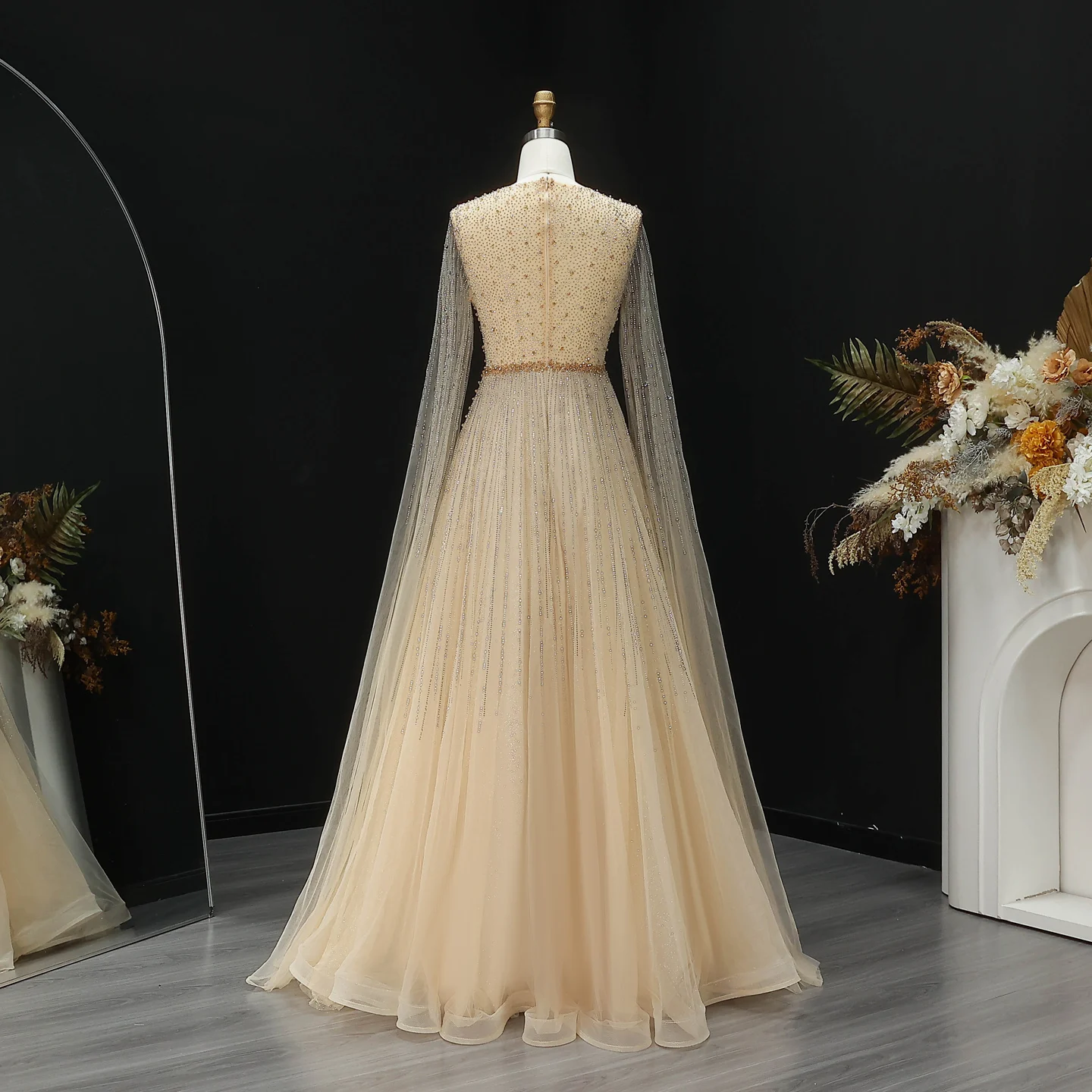 Sharon Said Luxuriöse Dubai Perlen-Kristall-Tüll-Abendkleider Elegante Cape-Ärmel Formelle Ballkleider SS054 Maßanfertigung – Detail 19