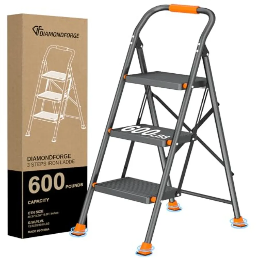 Step Ladder Foldable Folding Stool - for Home Adults Kitchen 3 Stepping Extension Tall Heavy Duty with Handrails - Closet Steps