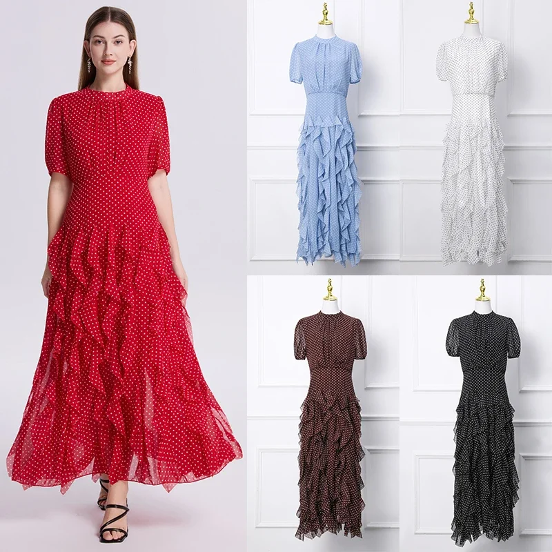 Greenora Elegantes, rotes Maxikleid mit Polka-Dot-Muster aus Chiffon für Damen, mit hohem Kragen, kurzen Ärmeln, tailliertem Schnitt, Rüschen und langen, lässigen Ärmeln, ideal für den Abend.