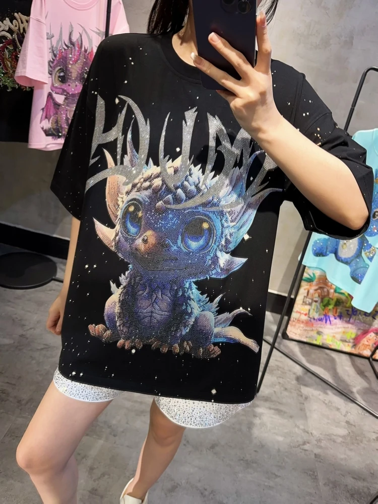 Light Luxury Fashion Dragon Heavy Hot Drilling T-shirt Fashion Loose Splash-Ink Short Sleeve Streetwear Tshirts Top 2024 Summer