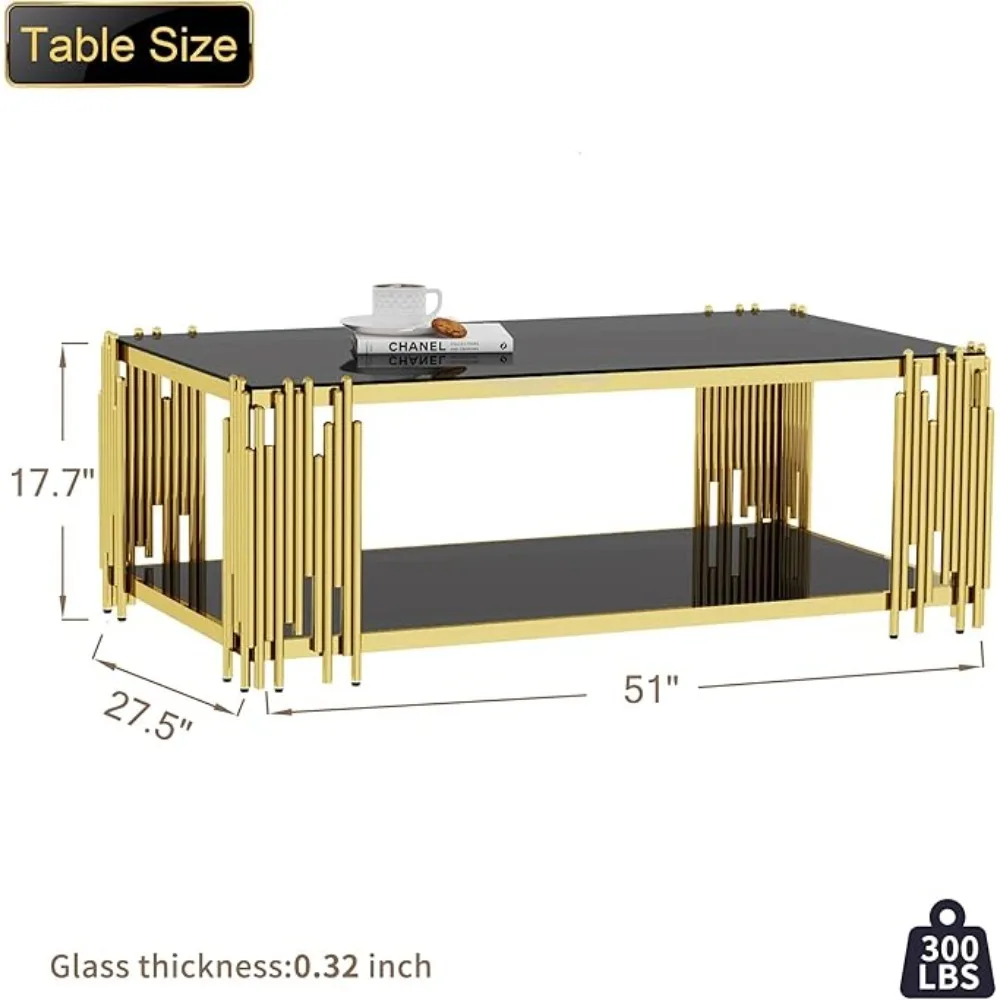 Coffee Table, Modern Living Room Table, Gold Legs, 51 Inch Rectangular Clear Tempered Glass Material Coffee Table