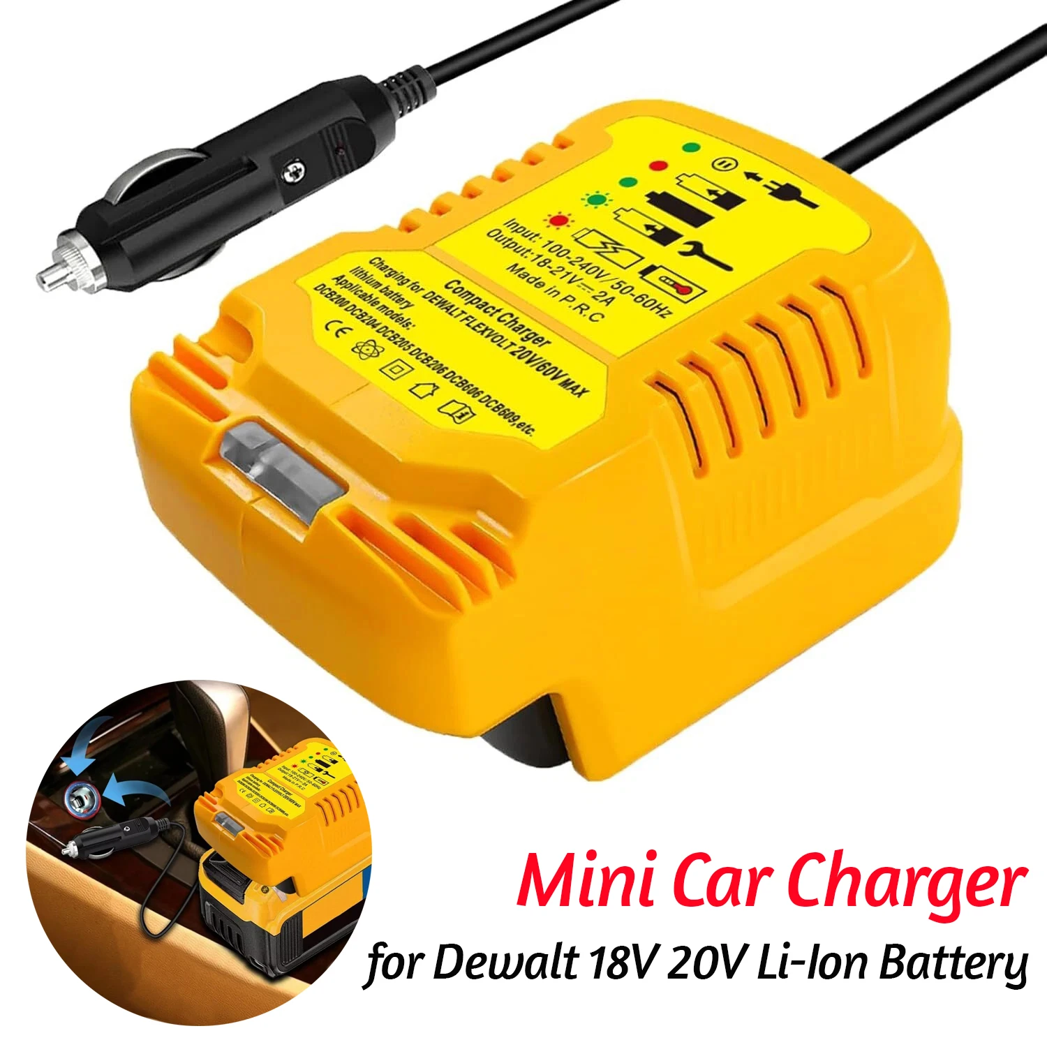 

Charger For Dewalt 18V Li-ion Battery Replacement Battery Charger Portable Car Charger with Cigarette Lighter Plug LED Indicator
