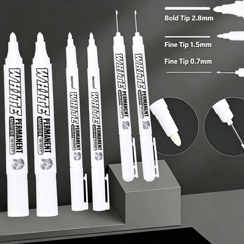 6pcs White Marker Pen-long Head 0.7 and 1.5 2.8mm Tip Fast Drying, for Crafts of Glass, Metal- for Drawing, Writing, Art