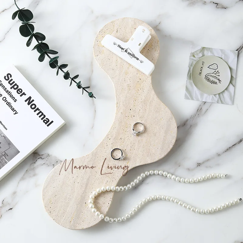 

Irregular Shape Natural Marble Tray for Ring Earrings Jewelry Display Decorative Travertine Trinket Dish for Watch Keys Perfume