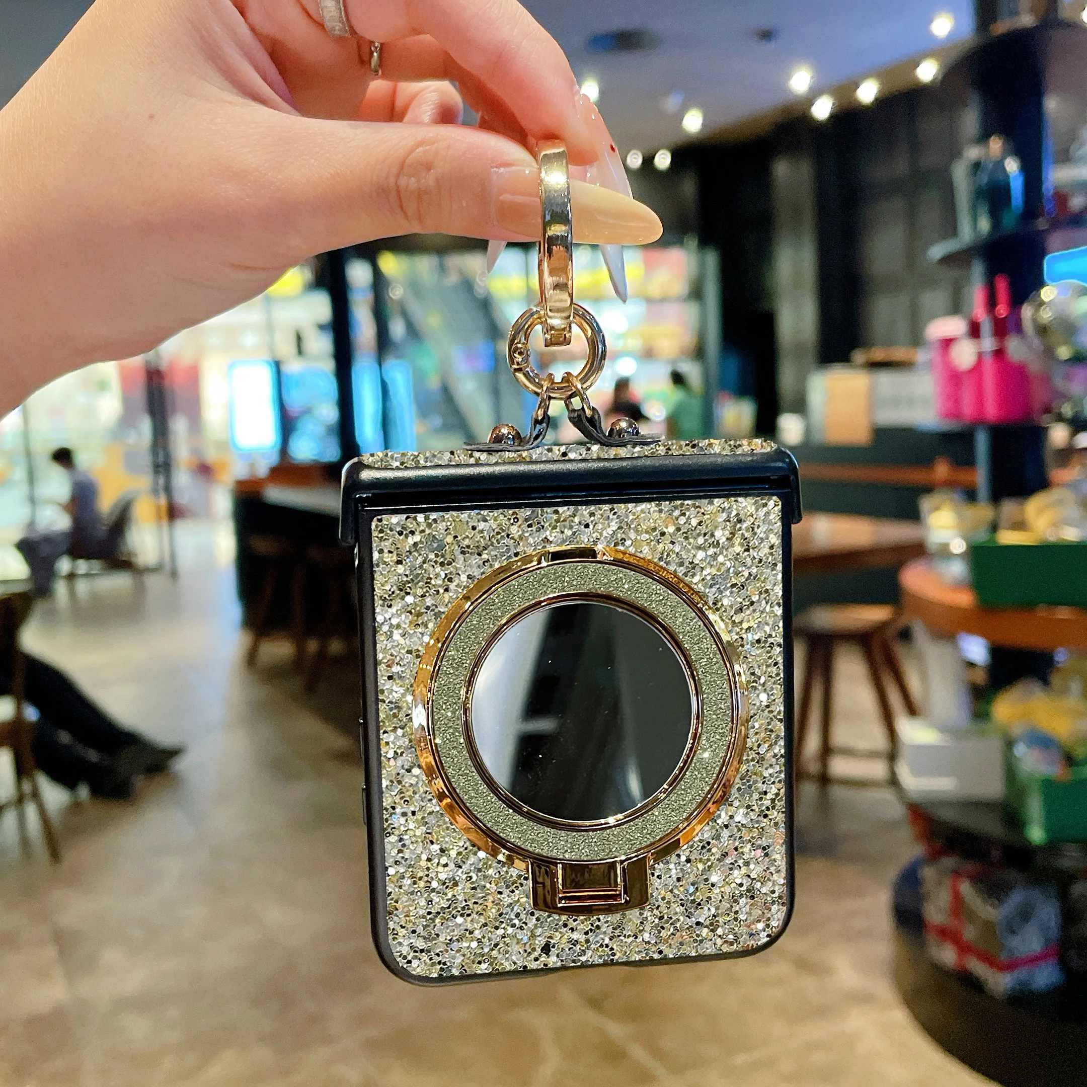 Kunststein-Ringhalter Luxuriöse Funkelnde Hartschalen-Handyhülle für Samsung Galaxy Z Flip 8 6 5 4 3 Flip7 FE mit Magnetischem Spiegelständer – Detail 7