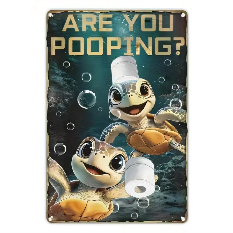 Vintage Iron Tin Sign, Cute Turtles & Toilet Paper Humorous Are You Pooping? Design - Retro Bathroom Wall Decor for Home Washroo