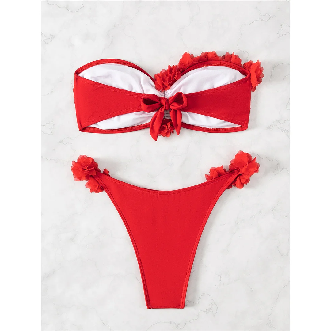 XS - L 3D-Blumen-Bandeau-Bikini mit hohem Beinausschnitt, Damen-Badebekleidung, zweiteiliger Bikini-Set, Badeanzug, Badebekleidung, Schwimmbikini V5961 – Detail 11