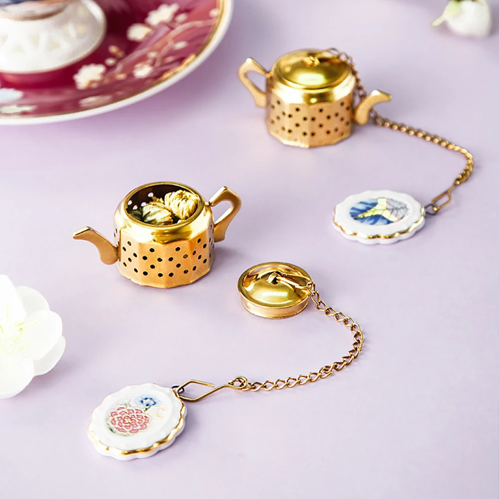 

Creative Teapot Shape Stainless Steel Tea Infuser Ceramic Ornament Tea Strainer Coffee Spice Filter Teaware Kitchen Accessories