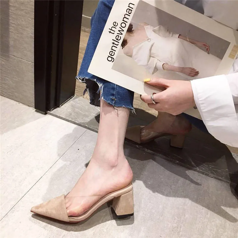 Suede Pumps Summer Shoes Women Fashion Pointed High Heels New Muller Square Heel Slippers Women Slip-On Shallow Ladies Shoes