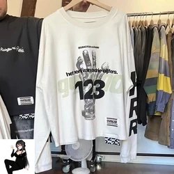 Washed RRR123 Palm Graffiti Print Long Sleeve T-shirt Men Women Oversize Casual Cement White High Quality Streetwear T Shirt Top