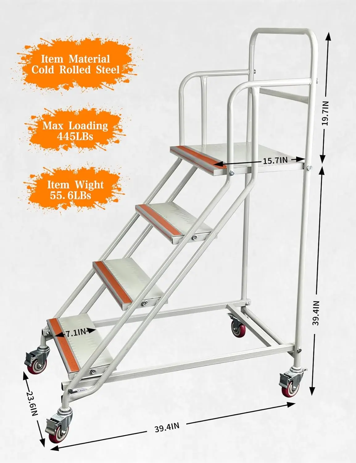 4 Steps Ladder with Wheels, Industrial & Warehouse Step Ladder, Rolling Steps Ladder with Vinyl Stair Edge Protector