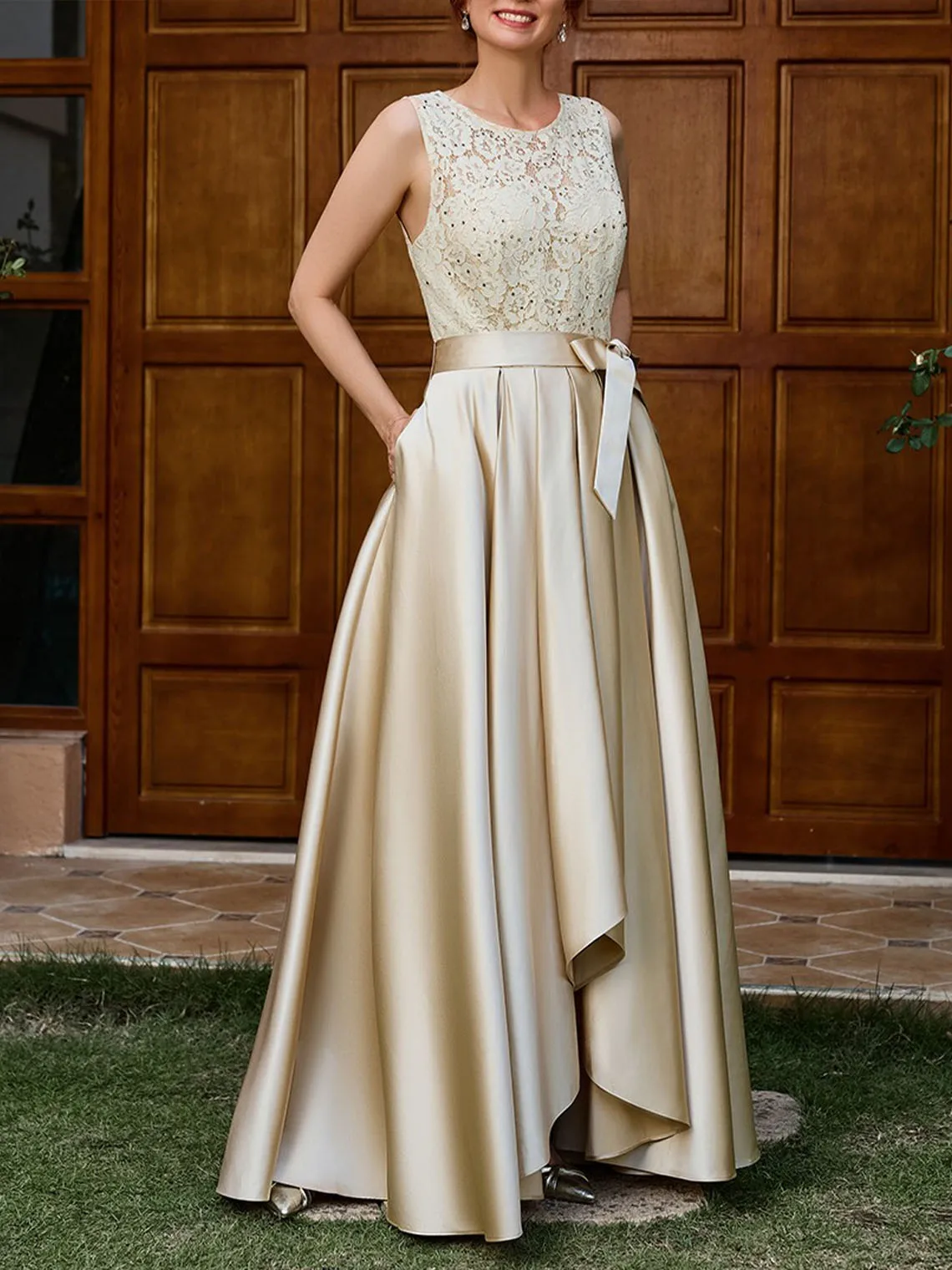 

Elegant Sleeveless Scoop Neck Satin Lace Asymmetrical A-line Mother of the Bride Dress Ruffles Bow Knot 2025 free customized