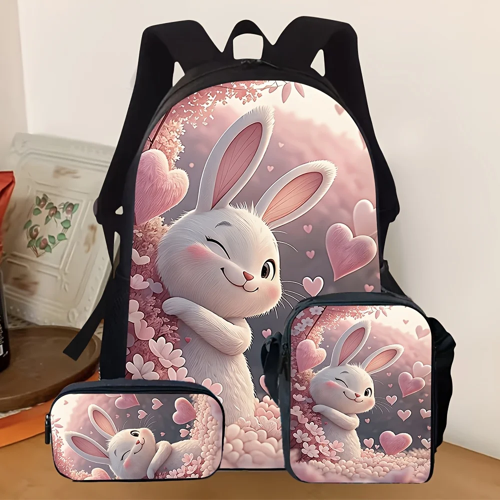 

3pcs [2D Flat] Backpack Collection Featuring an Adorable Rabbit Cartoon Design, Includes a School Backpack, Pencil Case, And a S