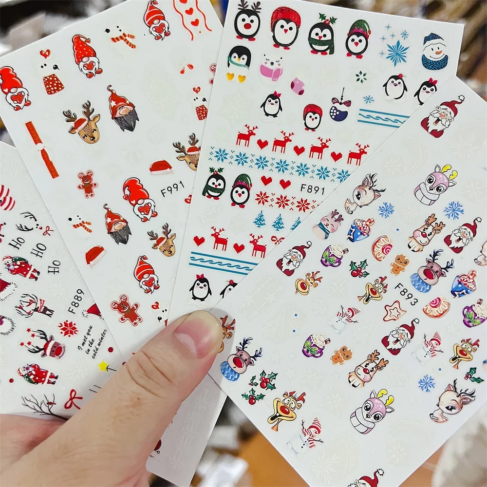 1개 3D 겨울 사슴 네일 아트 스티커 산타 펭귄 눈송이 매니큐어 장식 트리 진저브레드맨 눈 축제 크리스마스 네일 데칼*