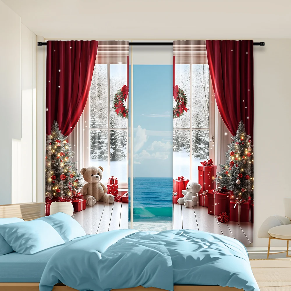 2Pcs Christmas Themed Window Curtains Gift Box And Bear Design Polyester Material Drapes For Bedroom Living Room Office Decor
