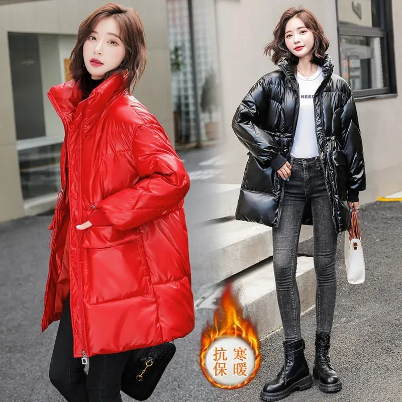 Winter New Glossy Waived Wash Down Cotton Clothes Women Mid-Length Cotton Coat Korean Version Loose Receive Waist Padded Jacket