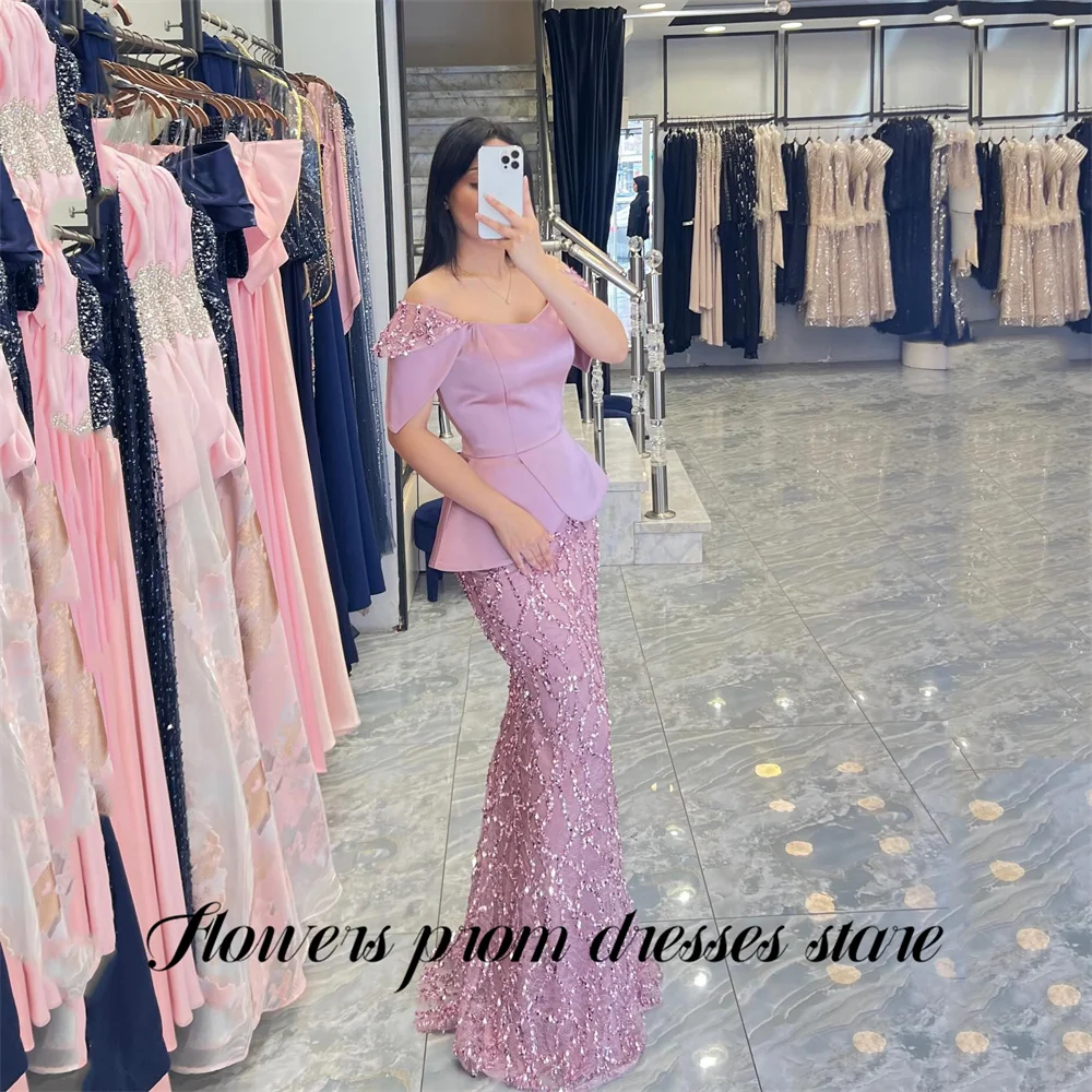 

Flowers Lavender Party Dress Satin Evening Dress Off Shoulder Prom Gown with Sequin Mermaid فساتين السهرة Customized