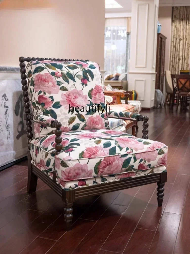 

01American-Style Solid Wood Peony Pink Single Printed Fabric Leisure Sofa Pastoral Chair