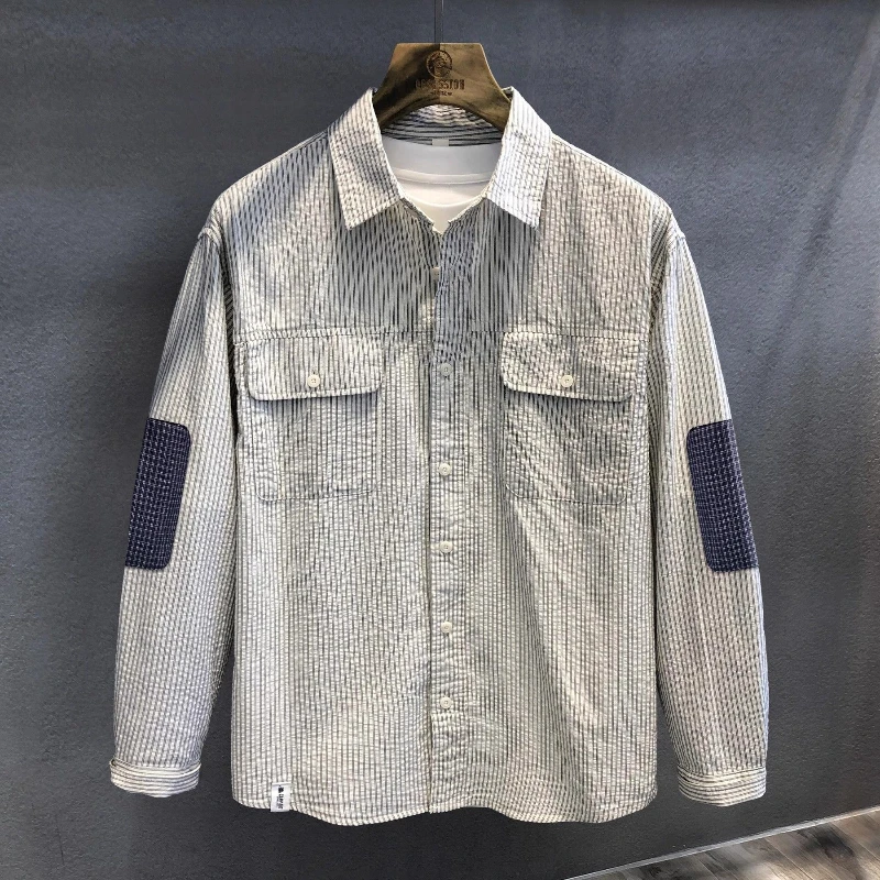 

2026 Bubble Texture Striped High-end Retro Cool Shirt for Men Casual Long Sleeved Shirt for Men