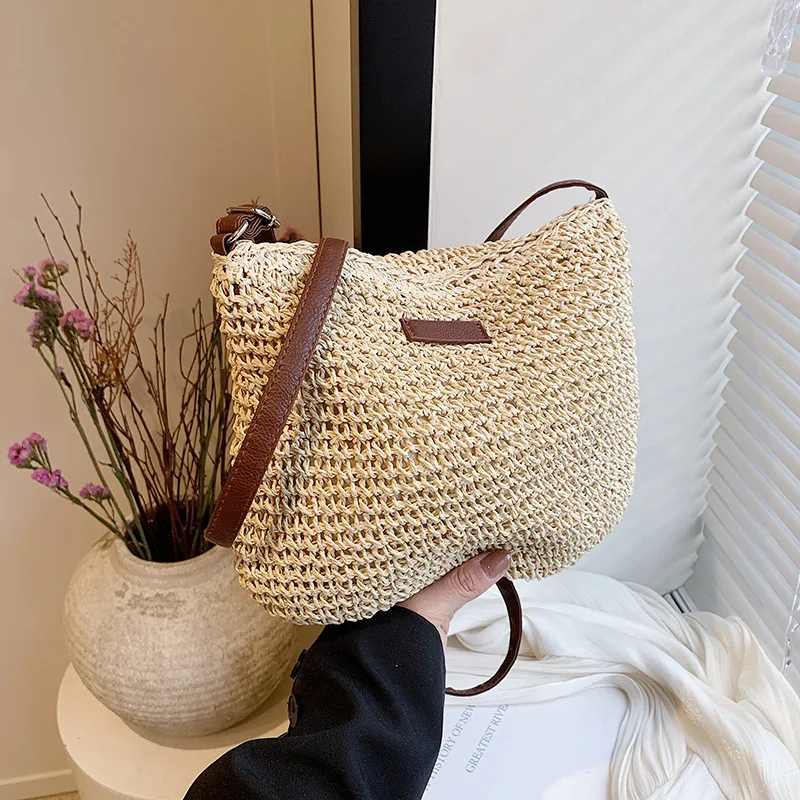 

Bohemian Straw Beach Bags For Women High Capacity Handmade Shoulder Bag Casual Woven Totes Bag Shopping Clutch Handbag Purse