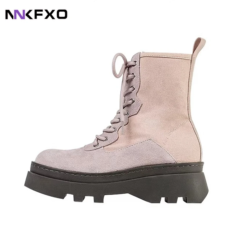 

2023 Women's Fashion Versatile Ankel Boots Female Autumn Winter Round Toe Muffin Sole Boot Front Lace Up Side Zipper Boots QB335