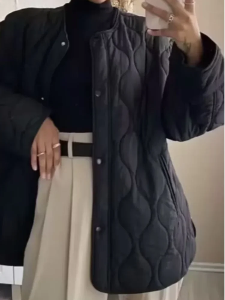 

Casual Solid Quilted Short Cotton Coat Women Full Sleeve Round Neck Single Breasted Puffer Jackets 2026 Lady Winter Daily Wears