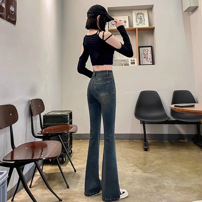 Damskie jeansy micro-flare 2025 nowy styl - stylowe spodnie z wysokim stanem, dopasowane, typu horseshoe dla niskich postaci, high-street i INS T