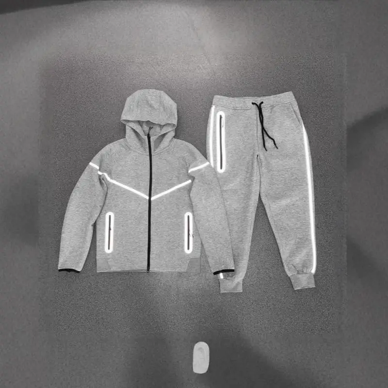 Reflective Zip Hoodie Jacket Casual Sportswear Long Sleeve Short Pants Men's Spring Season Outerwear Visibility Hooded Coat view 2
