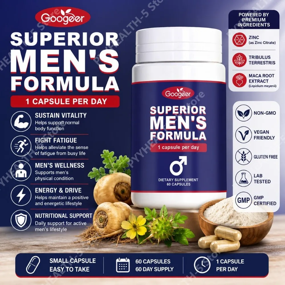 Cápsulas Googeer Fórmula para Hombres con Tribulus Terrestris, Zinc y Extracto de Raíz de Maca para Vitalidad y Resistencia, 60 Cápsulas