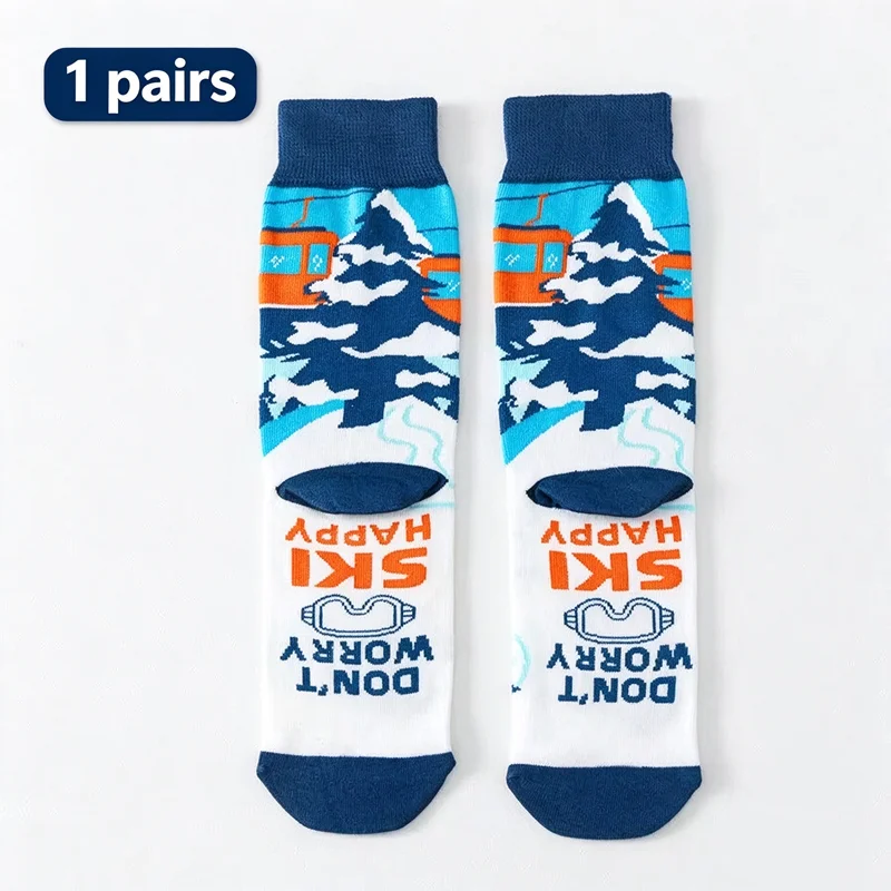 1 pairs Unisex Ski Crew Socks, Don't Worry Ski Happy Funny Winter Mountain Skiing Pattern Mid Calf Socks, Novelty Ski Gift Socks