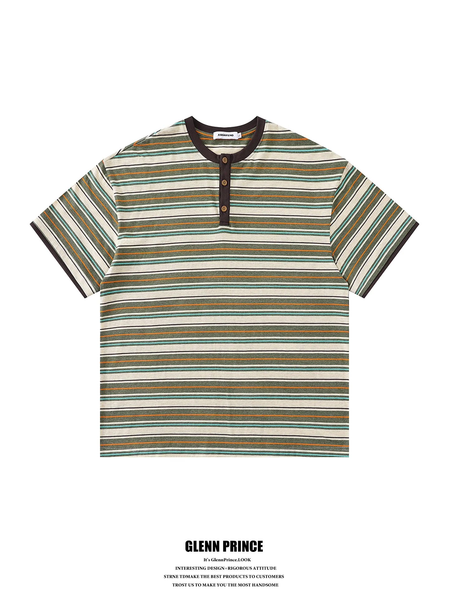 

Loose Fit Short Sleeve T-Shirt Men's Japanese Style Color Block Stripe Henry Collar Casual Teenage Top Breathable Comfortable
