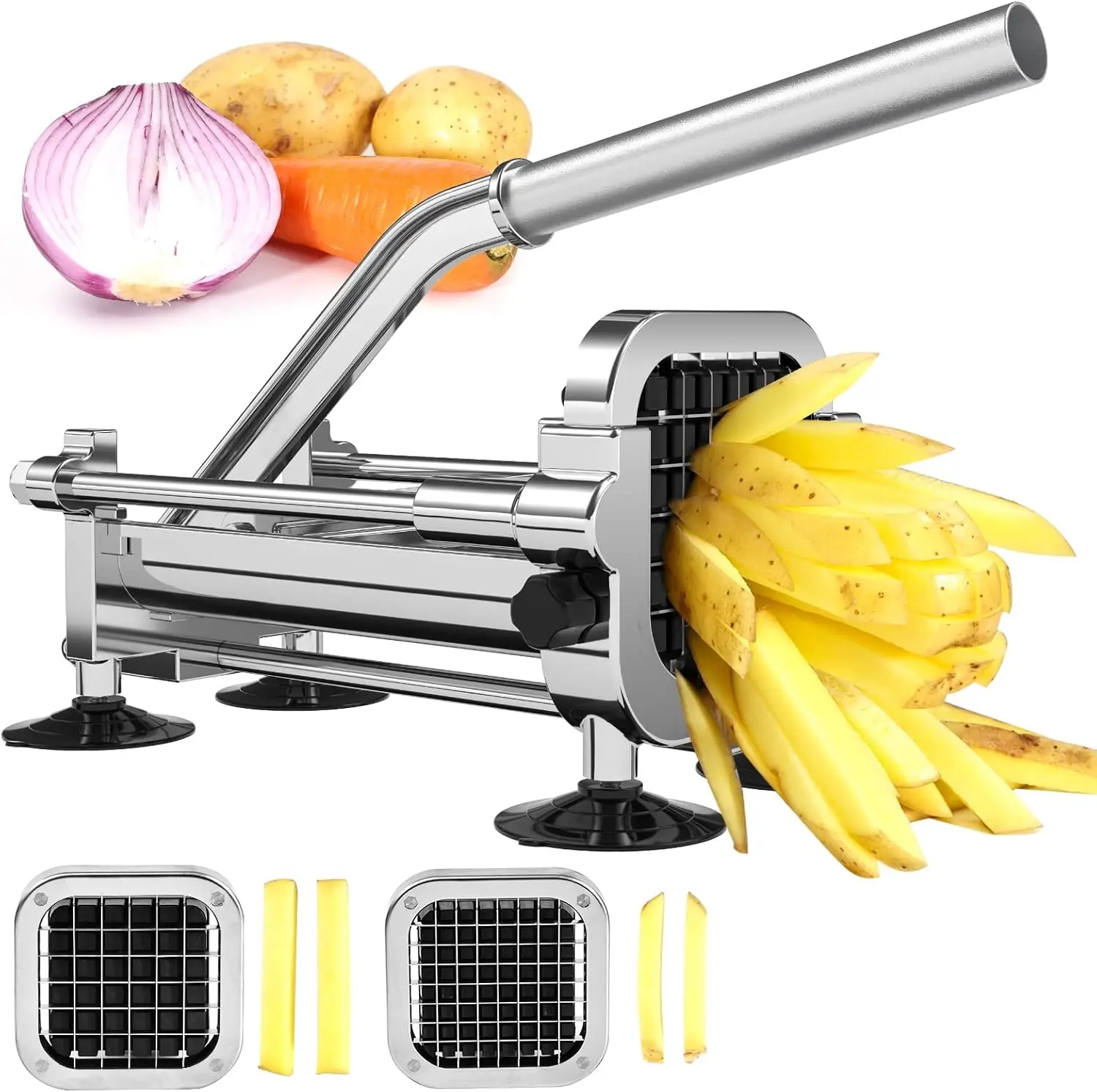 

Stainless Steel Potato Cutter with 1/2" & 3/8" Blades, Manual French Fry Maker, Non-Slip Base