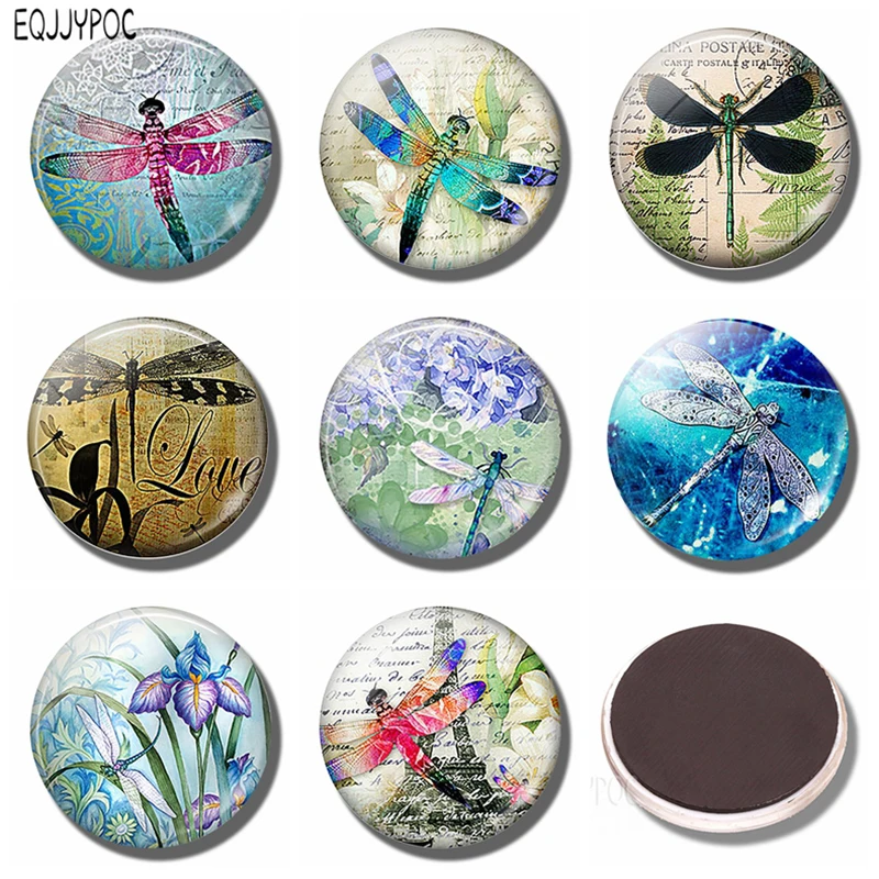 Dragonfly Summer Flower 30 MM Fridge Magnet Glass Cabochon Magnetic Refrigerator Stickers Note Holder Lovely Animal Home Decor