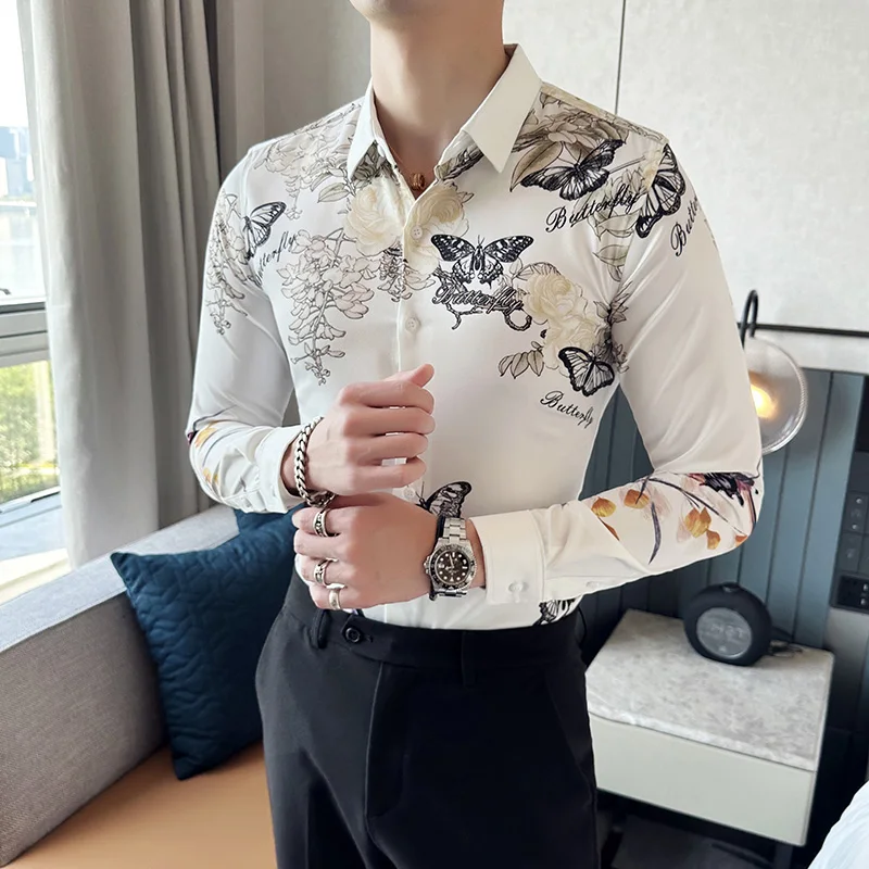 M-6XL New Men\'s European and American Fashionable Shirt Men\'s Long-sleeved Fashion Printed Shirt Slim Inch Clothing Cross-border