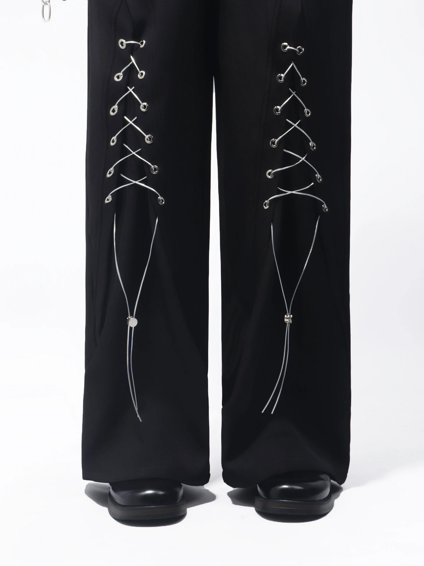 Fashion Trend Korean Version Heavy Craft Black Casual High-End Feel Loose Tie Design Youth Popular Wide-Leg Pants for Men