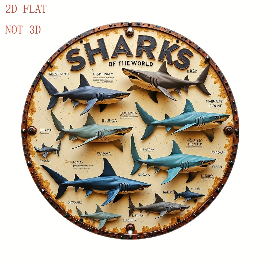 8 Inch Sharks of the World with Realistic Models and Educational Design Round Aluminum Wall Round Sign , Holiday Gifts