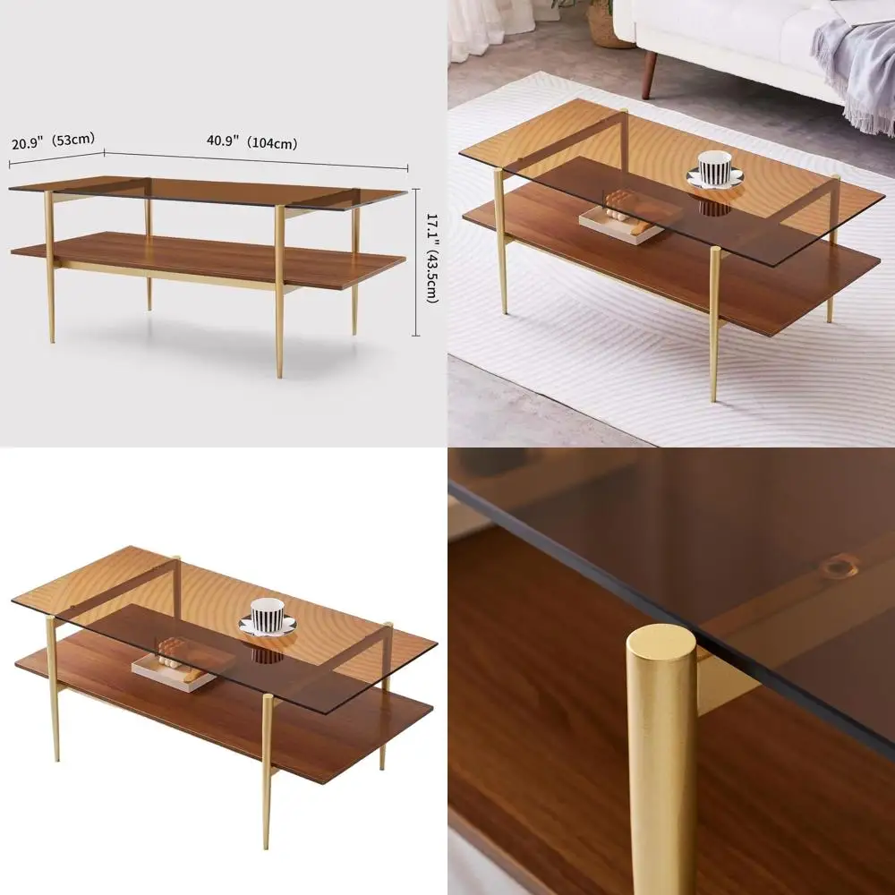 

Mid-Century 2-Tier Coffee Table, 41x21x17, Amber Glass Top, Walnut Shelf, Gold Metal Legs