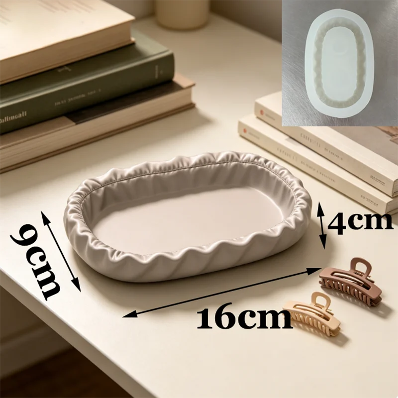 Ruffled Edge Oval Tray Silicone Mold Pleated Trinket Dish Epoxy Resin Plaster Concrete Mould Jewelry Storage Home Decor