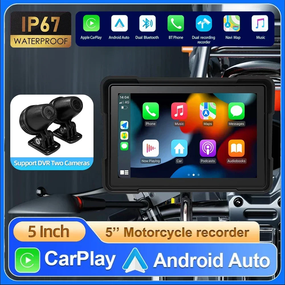 5 Inch Portable Motorcycle Screen IPX7 Waterproof Monitor For Wireless CarPlay Android Auto Moto Car Play Screen GPS Dual Camera