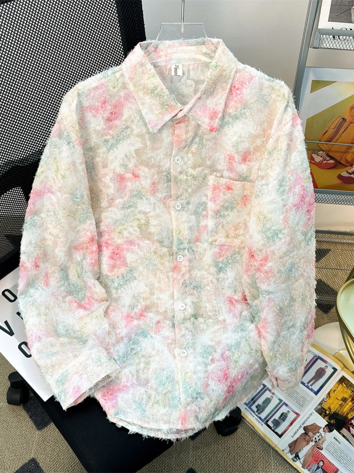 

Loose Long Sleeve Embroidered Shirt Floral Print Youth Fashion Summer Casual Men's Button up Cotton Poplin Shirt
