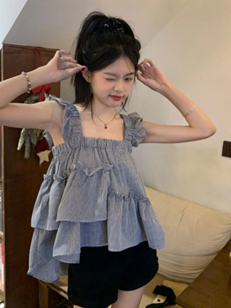 Tanks Women Loose Cropped Tops Summer Breathable Ruffles Sweetheart Girls French Style All-match Leisure Irregular Designed Y2k