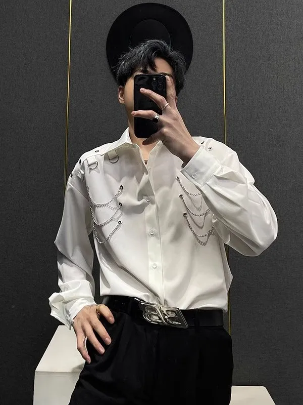 

Мужская рубашка свободного кроя с длинным рукавом, с цепочкой-украшением, повседневная, весенне-осенняя, модная, дышащая, не требующая глажки