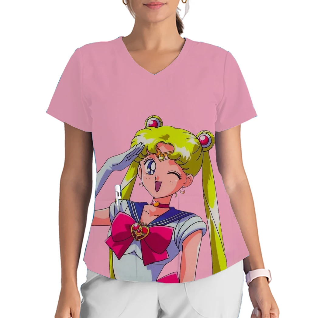 Sailor Moon V-Neck Print Scrub Top kreskówkowy wiosenny i letni strój do pracy szpitalnej okulistyki z krótkim rękawem