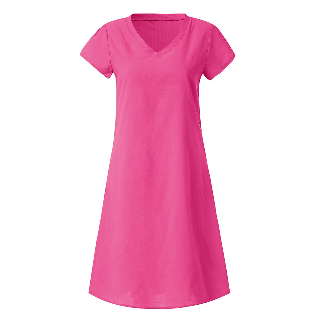 Frauen Sommer feminino Vestido T-Shirt Baumwolle lässig plus Größe Kleider V-Ausschnitt Kurzarm knielang A-Linie Damen Mittel kleider