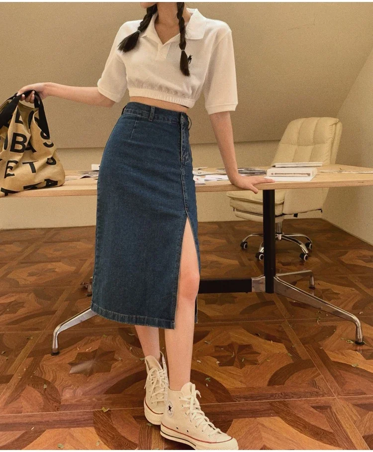 High Waist Slim Slit Buttocks Wrapped Denim Skirt Women All Reason Office Lady Casual Midi Jeans Skirts Female Cheap Wholesale